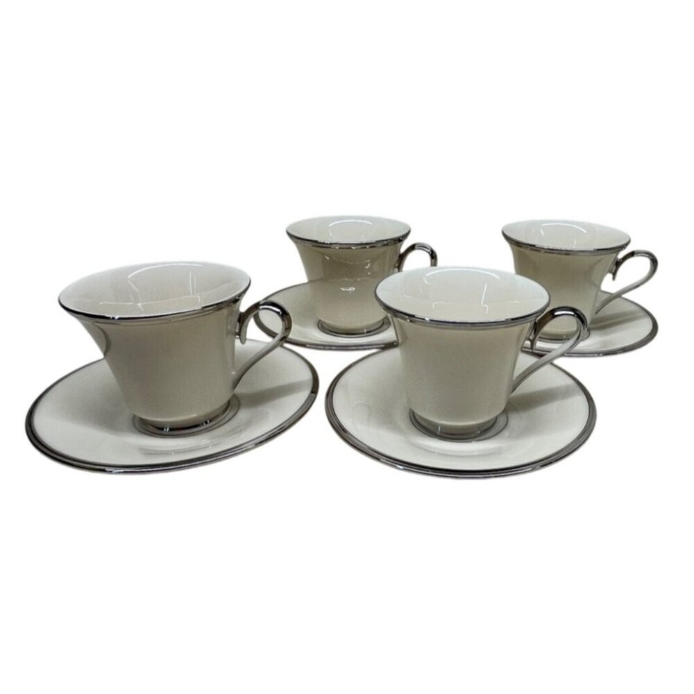 4 Lenox China Dimension Collection Solitaire Platinum Cup and Saucer Sets